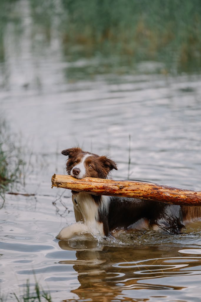 A brown and white border collie playing fetch in a lake, holding a branch.
