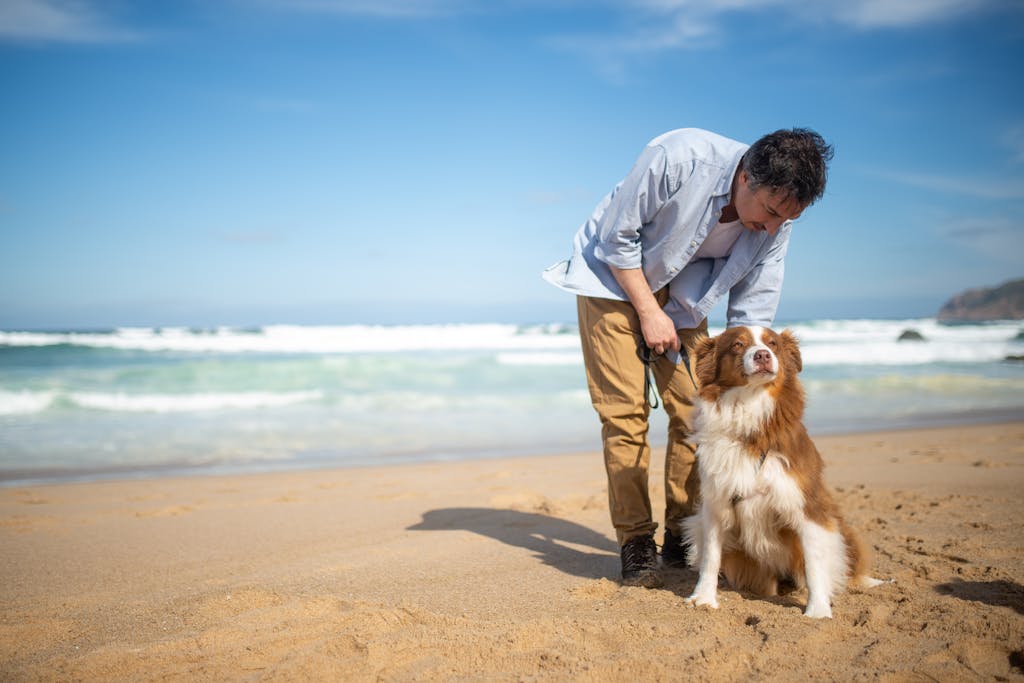A man with his dog on a sunny beach in Portugal, enjoying a relaxing day by the sea.