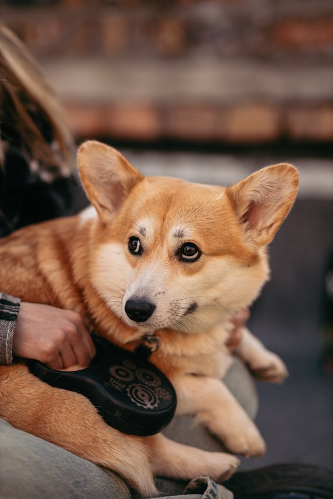 Adorable Corgi being affectionately held by its owner outdoors, showcasing companionship.