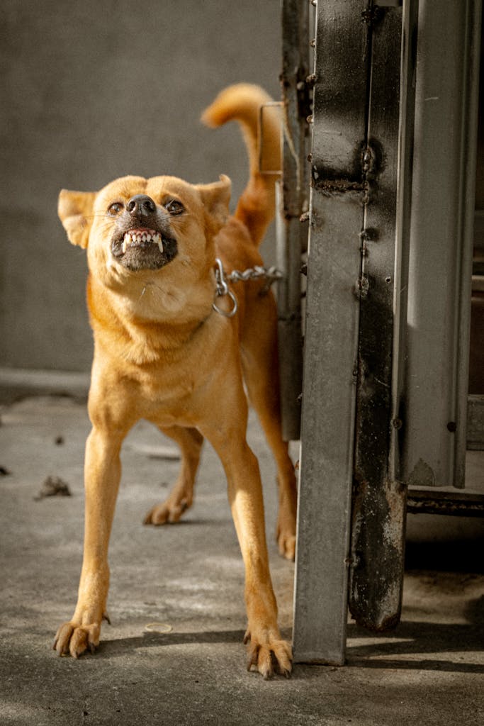 An aggressive dog snarling while tied behind a metal gate in Ho Chi Minh City, Vietnam.