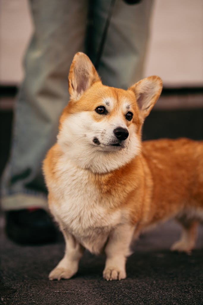 Charming Pembroke Welsh Corgi dog posing outside on a casual day.
