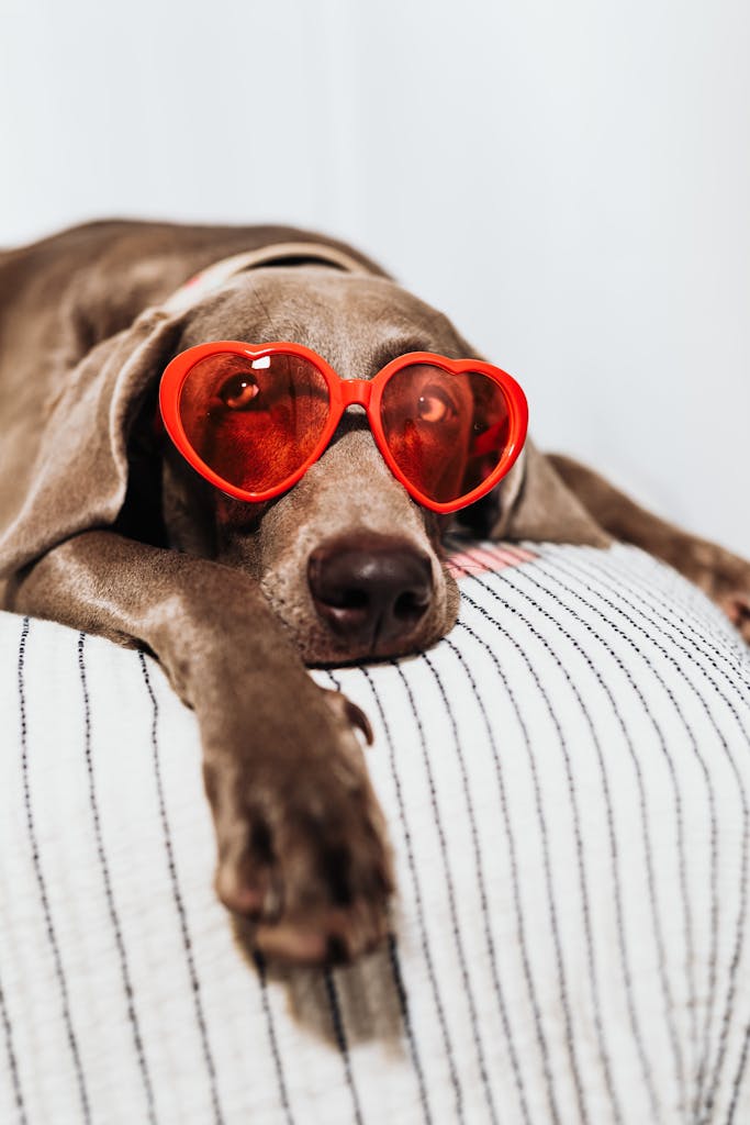 Cute dog lounging indoors with red heart sunglasses, lying relaxed on a cushion.
