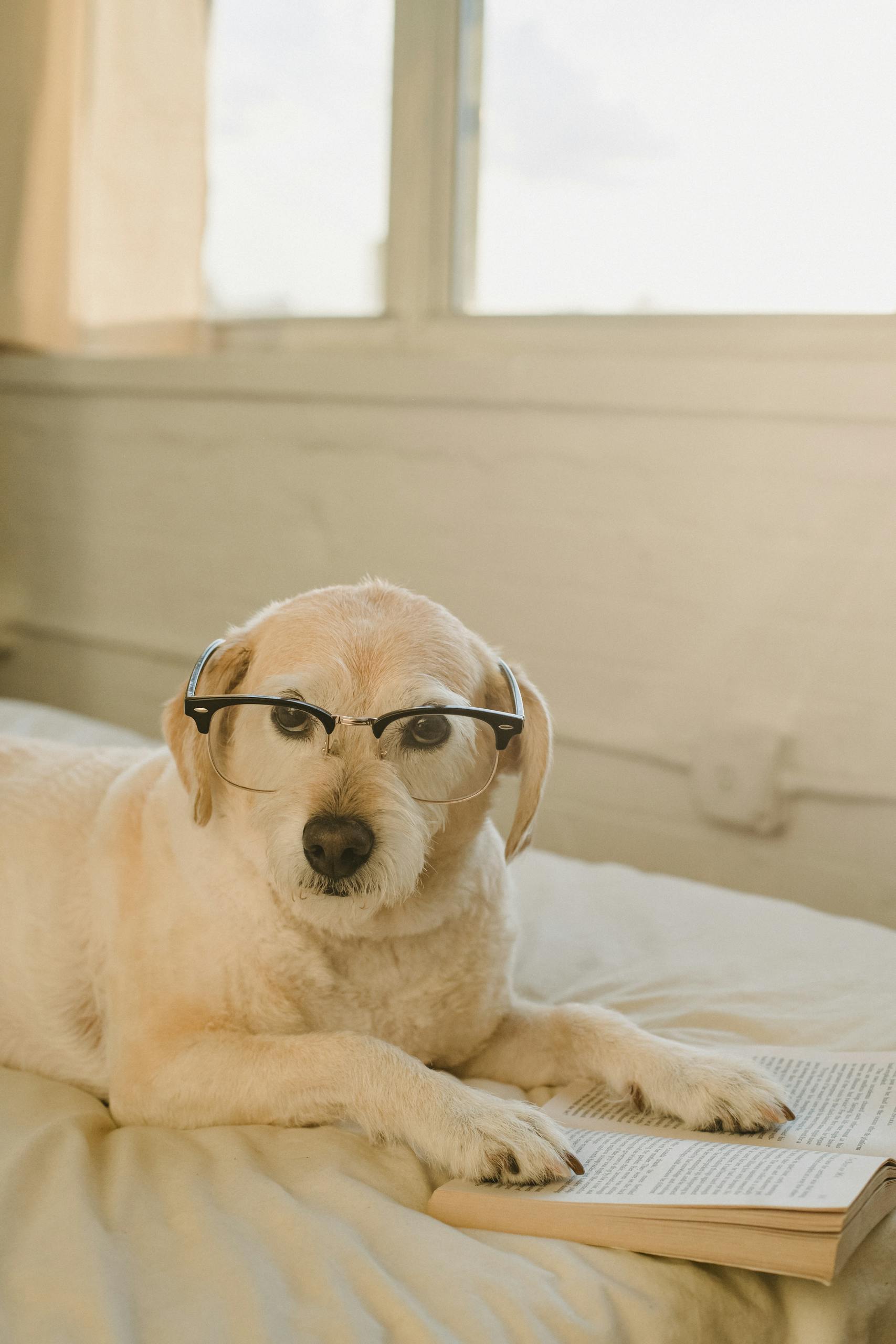 Cute obedient puppy with eyeglasses lying on soft bed with paws on book and looking at camera