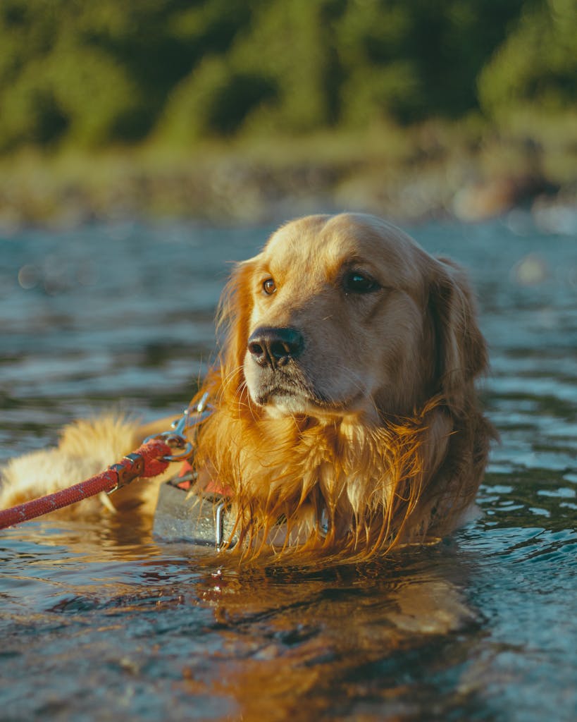 Golden Retriever swimming in a river during summer, displaying playful behavior and enjoying outdoor fun.