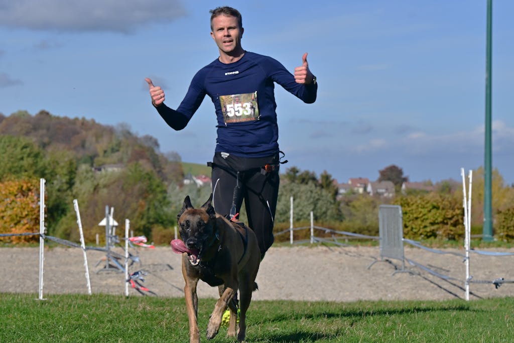 Man and dog running in an outdoor canicross race on a sunny day.