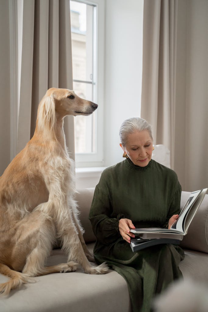 Senior woman reading a book at home with her graceful Saluki dog by her side, creating a serene and intimate atmosphere.