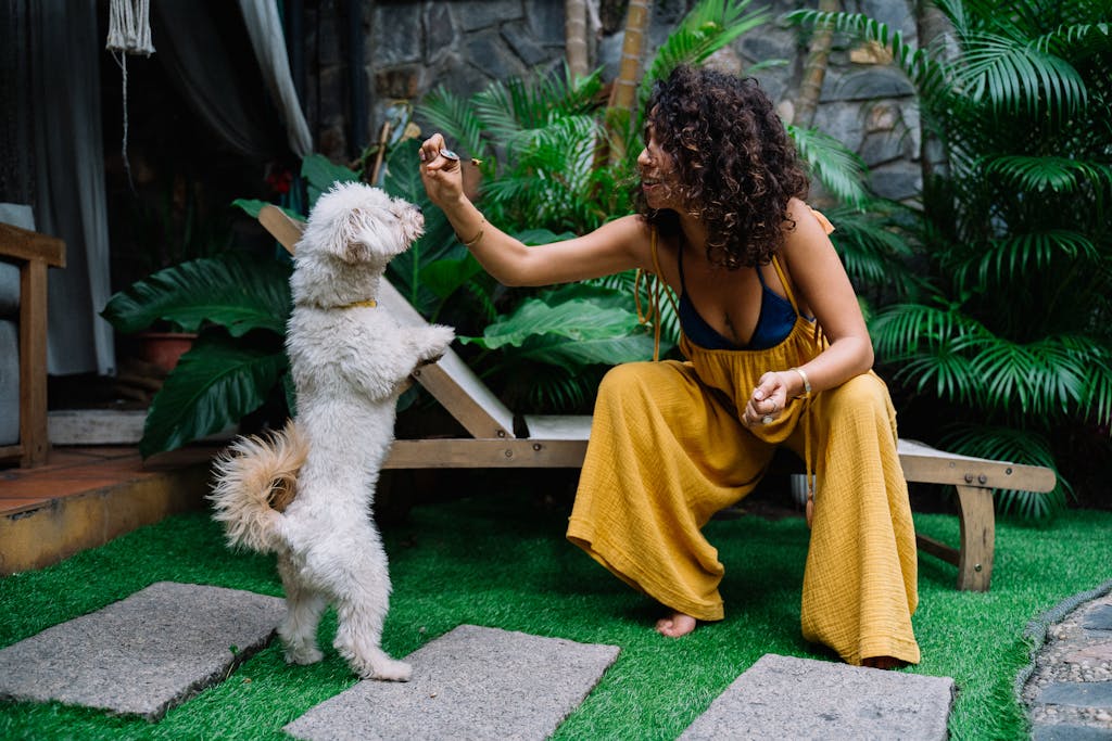 Woman training a white dog outdoors on green grass in a tropical garden.